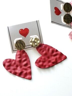 Chic Gold and Red Heart Dangle Earrings